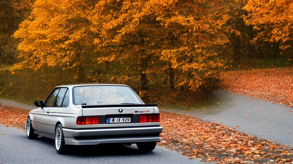 Prompt: a rear shot of a modified bmw e 3 0 driving through autumn leaves, motion blur, 3 5 mm photography, car photography, clean lines, realistic