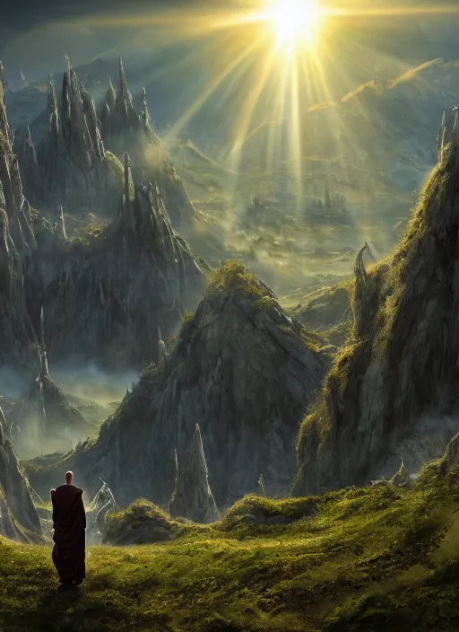 Image similar to a cosmic monk in lord of the rings scenery landscape, looking out at a gigantic alien temple, lush valley, sunrise, god's rays, highly detailed, vivid color, cinematic lighting, perfect composition, 8 k, gustave dore, derek zabrocki, greg rutkowski, belsinski, octane render