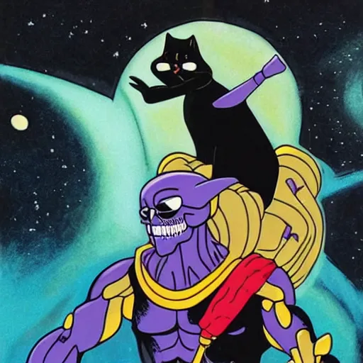 Image similar to skeletor from the he - man cartoon show riding an adorable black cat through outer space