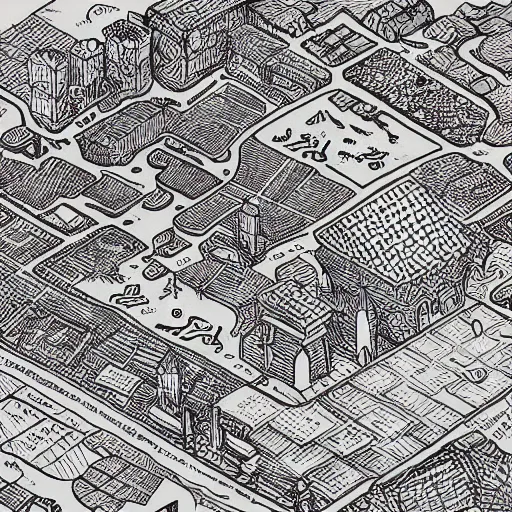 Prompt: a huge isometric map of a DnD fantasy world | hand drawn on grid paper | arial view , black and white,cracks,buildings,towers,perfect layout