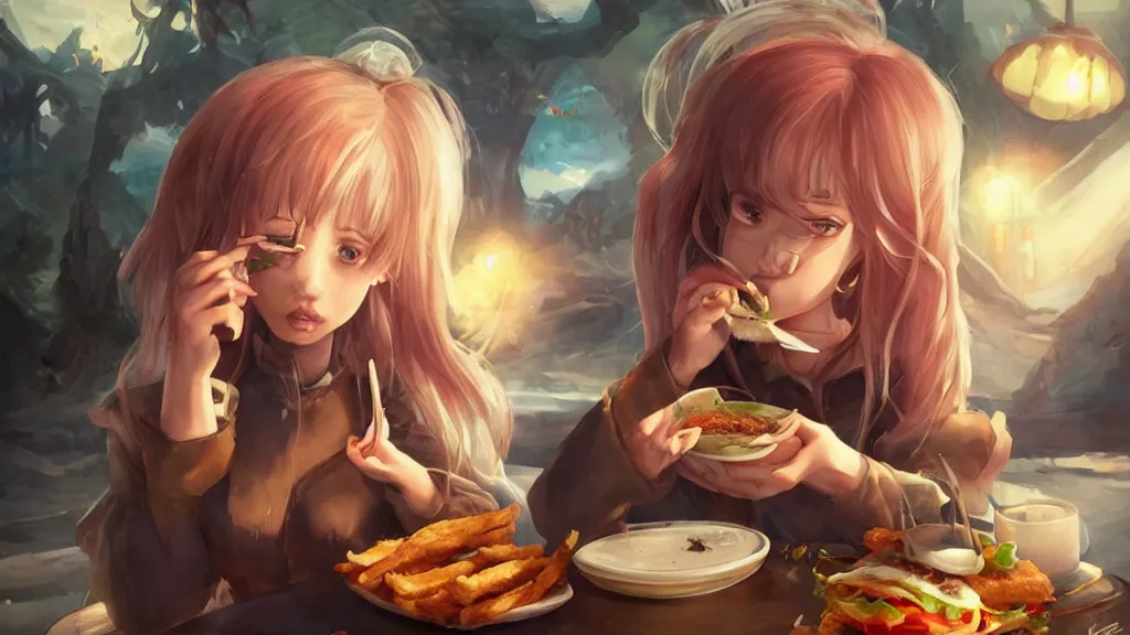 Image similar to waifu eating borgar , fantasy artwork, award winning, very very very very very very very beautiful, artstation