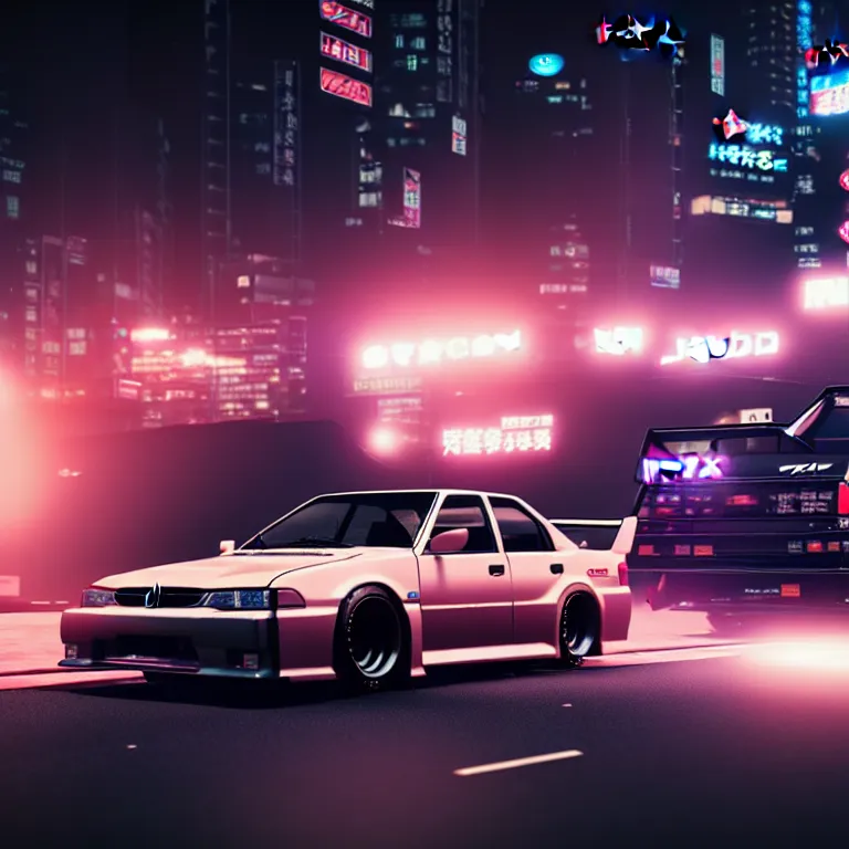 Image similar to toyota jzx 1 0 0 drift, detailed - wheels, shibuya prefecture, cyberpunk female supermodel in front, cinematic lighting, photorealistic, night photography, octane render