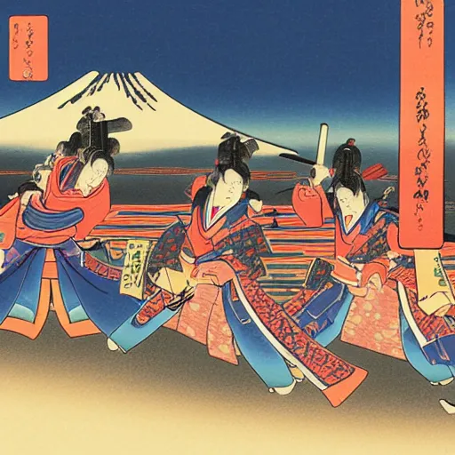 Prompt: samurai warriors fighting in the shadow of mount fuji manga style ukiyoe style 4K UHD image