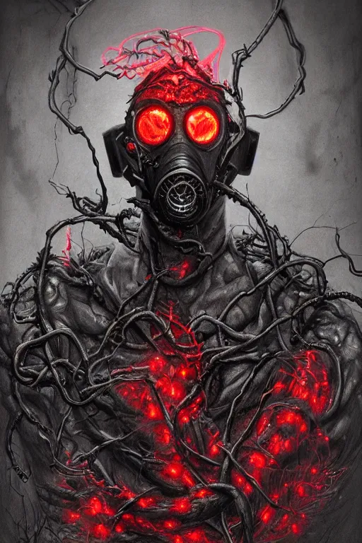 Prompt: realistic portrait beautiful detailed matte painting of cinematic movie scene a full body zombie with a gas mask, tentacles, black and red, thorns, vines, horror, created by gustave dore and greg rutkowski, high detailed, smooth draw, synthwave neon retro, intricate, realistic proportions, dramatic lighting, trending on artstation.