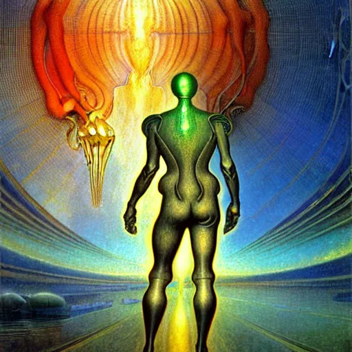 Image similar to realistic extremely detailed portrait painting of a glowing male silhouette, futuristic sci-fi landscape on background by Jean Delville, Amano, Yves Tanguy, Alphonse Mucha, Ernst Haeckel, Edward Robert Hughes, Roger Dean, rich moody colours, blue eyes