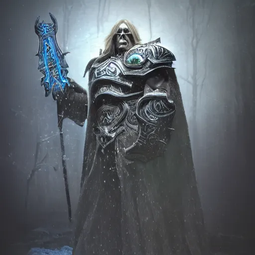 Prompt: A ultra detailed illustration of Arthas lich king, by John Atkinson Grimshaw, trending on ArtStation, octane render, 8k, volumetric lighting,