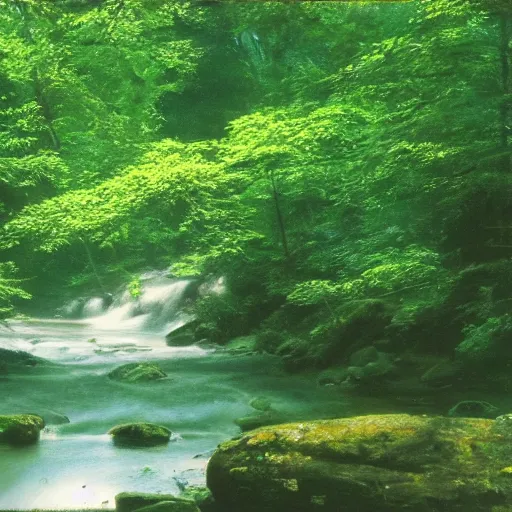 Prompt: a river running through a lush green forest, a jigsaw puzzle by shirley teed, featured on flickr, hudson river school, photo taken with ektachrome, creative commons attribution, photo taken with provia