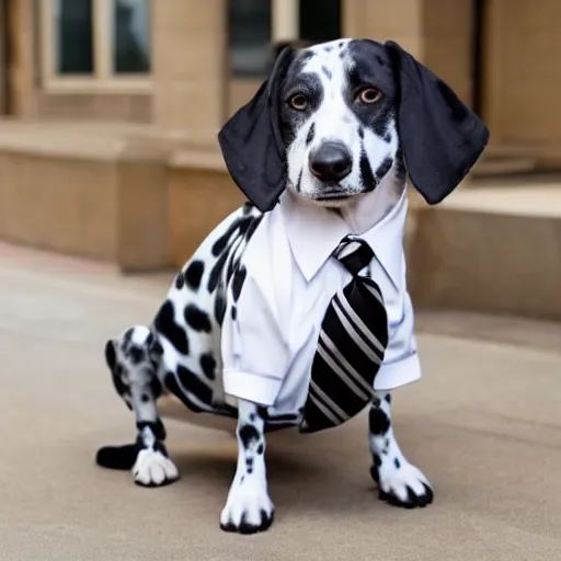 Prompt: accountant dalmatian wearing an elegant suit checking his tabled