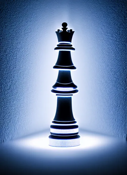 Image similar to queen chess piece photo, beautiful veil of led point lights, pearlescent skin, skin made of led point lights, very detailed, highly detailed background, reflective chessboard, photorealism, sharp focus, photorealism,sculpture , soft diffuse autumn lights, some sunlight ray, dark room wall, canon 5D 50 mm lens