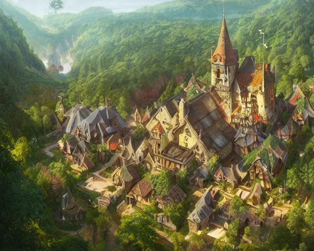 Image similar to small medieval village next to a forest, aerial view, deep focus, d & d, fantasy, intricate, elegant, highly detailed, digital painting, artstation, concept art, matte, sharp focus, illustration, hearthstone, art by artgerm and greg rutkowski and laura sava and alphonse mucha