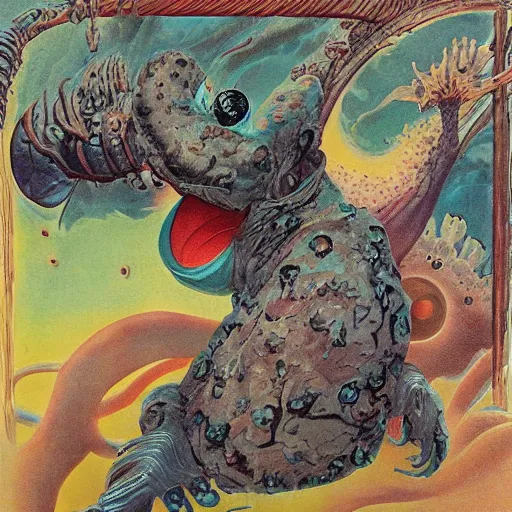 Prompt: a giant tardigrade kaiju retro japanese, monster slimy, oil painting, 7 0 s vintage art, by georgia o keeffe, by kay nielsen, by gustave dore, by frank frazetta, nausicaa, collage, by james gurney