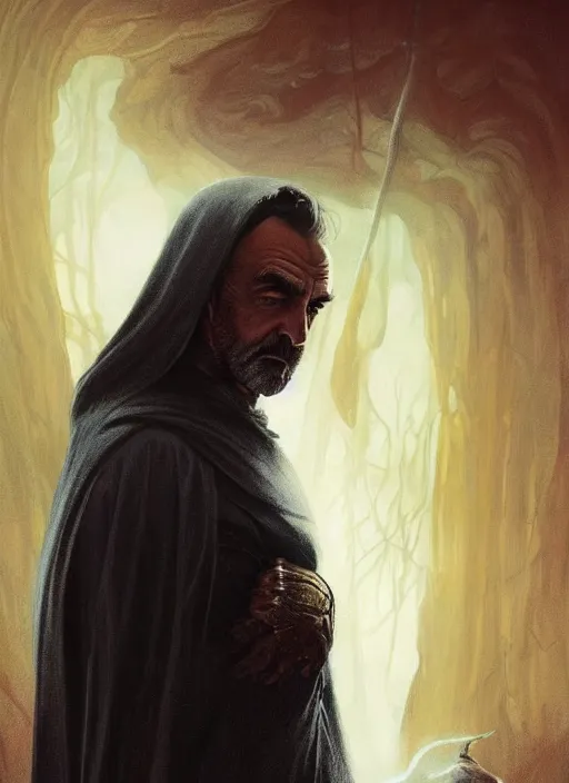 Prompt: Portrait of Sean Connery, white glowing eyes, black hair, cloak, ethereal wings, male, fantasy, extremely detailed, digital painting, artstation, concept art, smooth, sharp focus, illustration, stunning lighting, art by artgerm and greg rutkowski and alphonse mucha and simon stalenhag, realistic character concept, high fantasy, light atmosphere, golden ratio, cinematic lighting, hyperdetailed, high resolution, insanely detailed and intricate, artstation, Marc Simonetti, Greg Rutkowski, 8k