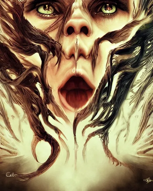 Prompt: epic art poster angel vs demon split face. close up extremely detailed trending on artstation award - winning art