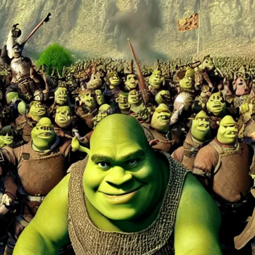 Image similar to shrek at the battle of helm’s deep