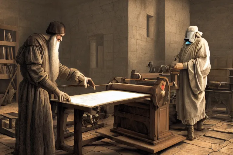 Image similar to still photo of johannes gutenberg inventing the printing press, highly detailed, photorealistic shot, bright studio setting, studio lighting, crisp quality and light reflections, unreal engine 5 quality render