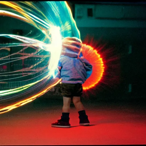 Prompt: film still of a boy playing with a plasma ball, 1990s, film still in the style of Steven Spielberg, wonder, awe, dramatic lighting, 8k, detailed