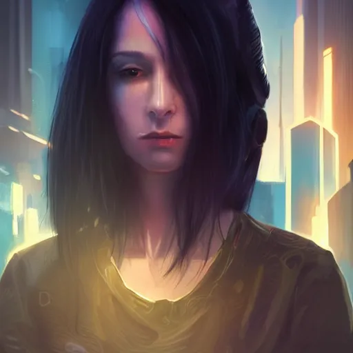 Image similar to a portrait of a sad cyberpunk long black hair women standing in a soft lighting, golden hour, ahestetic, very detailed, super detailed, extremely beautiful,