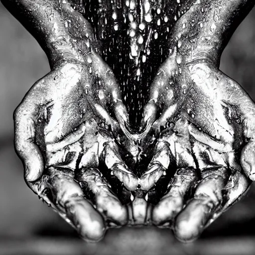 Image similar to wet sweating hands, macro, wide angle, elaborate, dripping wet hands, highly detailed, beautiful lighting