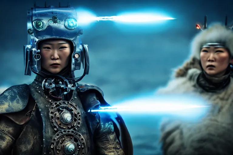 Image similar to vfx film closeup, futuristic mongolian biker warriors, sci - fi mongolian village, robot stand - off, flat color profile low - key lighting award winning photography arri alexa cinematography, hyper real photorealistic cinematic, atmospheric cool colorgrade