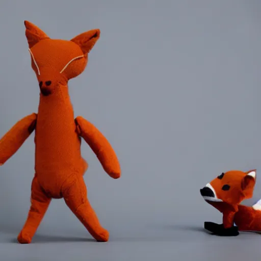 Image similar to a graceful long shot footage of a delicate toy fox wearing a fine cyberpunk dress