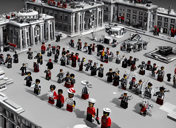 Image similar to hyper detailed stalin, lenin, revolutionary sailors together taking winter palace from bourgeoisie as lego characters, unreal engine 5, lumen, nanite, dslr