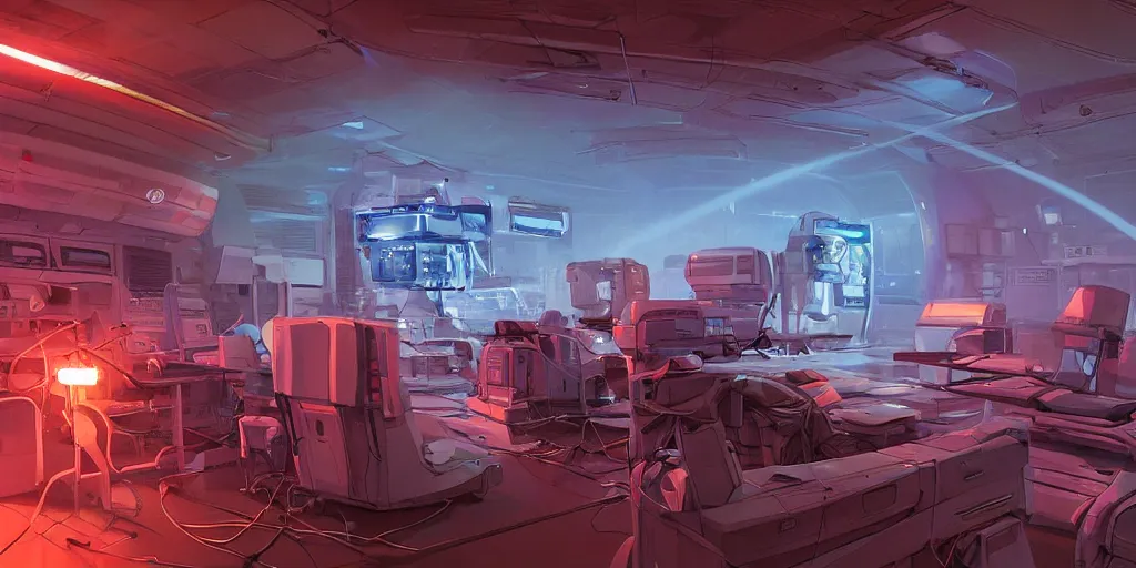 Image similar to spaceship medic room , mysterious laboratory, thick blue mist, low ceiling, cables hanging from ceiling, thick cables on ground, god rays of light, huge computer screens, neons, saturated top light , epic scene, scifi, illustration, art by Juan Giménez and moebius