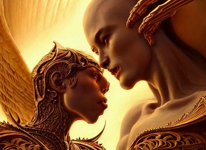 Prompt: closeup of demonic man and angelic woman in armour, passionate pose, intricate, elegant, golden glow, sharp focus, soft bokeh, illustration, highly detailed, concept art, matte, trending on artstation, bright colors, 3 d 8 k, art by wlop and artgerm and greg rutkowski, mucha, giger, marvel comics, beksinski