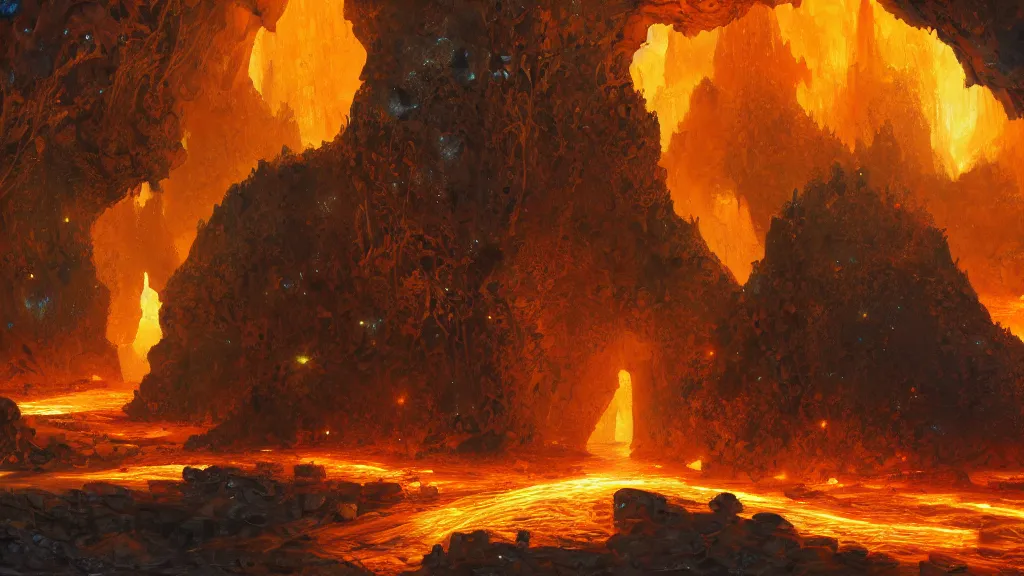 Prompt: a hidden city in a cave lit up by glowing orange crystals in the cracks of the cave walls, highly detailed oil painting, epic fantasy art, abstraction, masterpeice, 8k