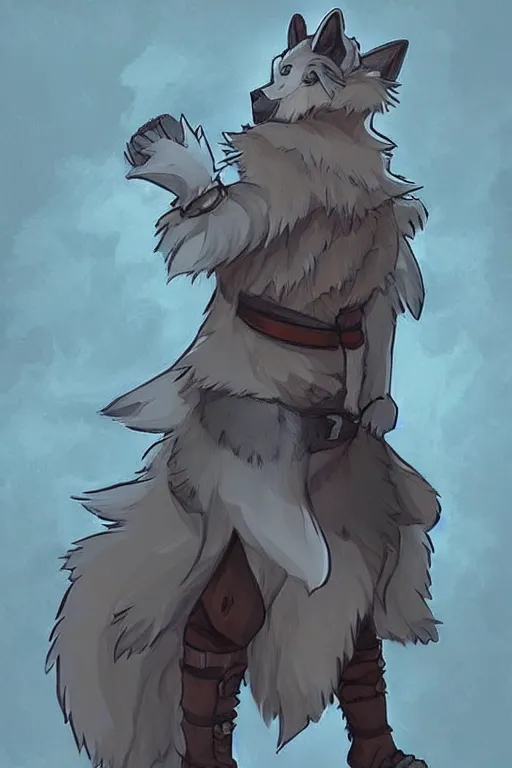 Image similar to a cute medieval anthropomorphic wolf with a fluffy tail, comic art, trending on furaffinity, cartoon, kawaii, backlighting, furry art!!!, cool shading, concept art