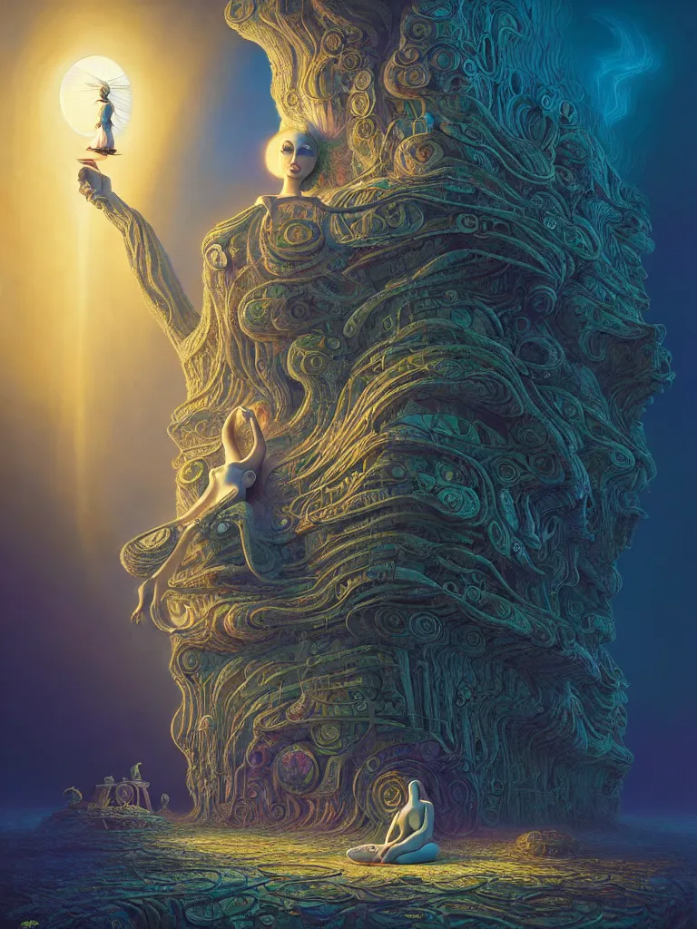 Image similar to the surreal goddess of dreams by carol bak, jacek yerka, gediminas pranckevicius, alex gray, dan mumford and h. r. giger, digital painting, octane rendered, crepuscular rays, neon cyberpunk colors, cinematic, trending on artstation