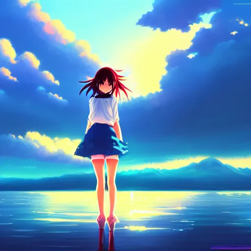 anime girl with red sky digital art ,type painting ,3d illustration , high  definition , wallpaper ilustração do Stock