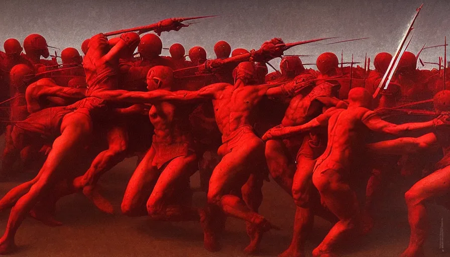 Image similar to only with red, bloody armored gladiator battle in a crowded roman amphitheatre, crowd cheering, in the style of beksinski and edward hopper and rodcenko and yue minjun and greg rutkowski, intricate and epic composition, red by caravaggio, highly detailed, masterpiece, red light, artstation, art nouveau