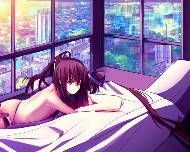 Image similar to An anime girl lying in bed, looking out the window at the cityscape, trending pixiv anime art