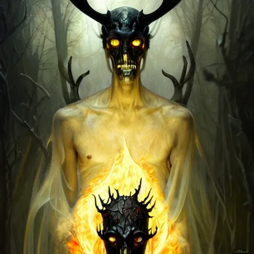 Image similar to translucent Wendigo with flaming eyes, veiled in mist, heroic lighting, dark fantasy, intricate, elegant, highly detailed, lifelike, photorealistic, digital painting, artstation, illustration, concept art, smooth, sharp focus, art by John Collier and Albert Aublet and Krenz Cushart and Artem Demura and Alphonse Mucha