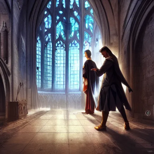Image similar to angel protecting man who is praying inside a gothic church by Stanley Artgerm Lau, WLOP, Rossdraws, James Jean, Andrei Riabovitchev, Marc Simonetti, Yoshitaka Amano, ArtStation, CGSociety