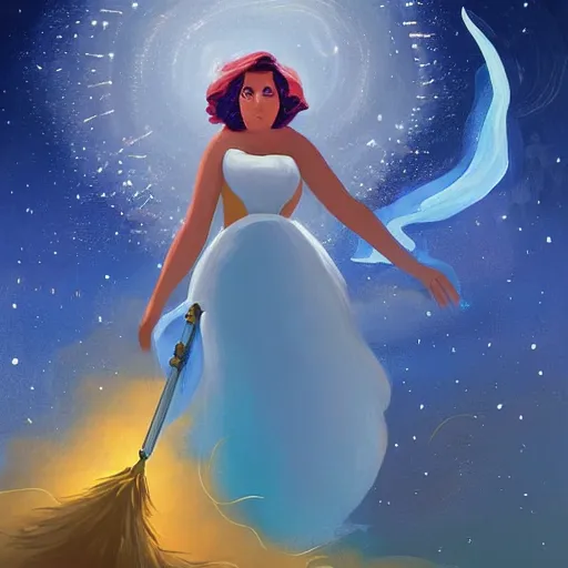 Prompt: The painting features a woman with wings made of stars, surrounded by a blue and white night sky. The woman is holding a staff in one hand, and a star in the other. She is wearing a billowing white dress, and her hair is blowing in the wind. Dexter's Lab by Anton Fadeev manmade