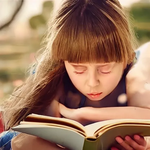 Prompt: VFX movie of a girl reading book, hair flowing down, by Michael Bay