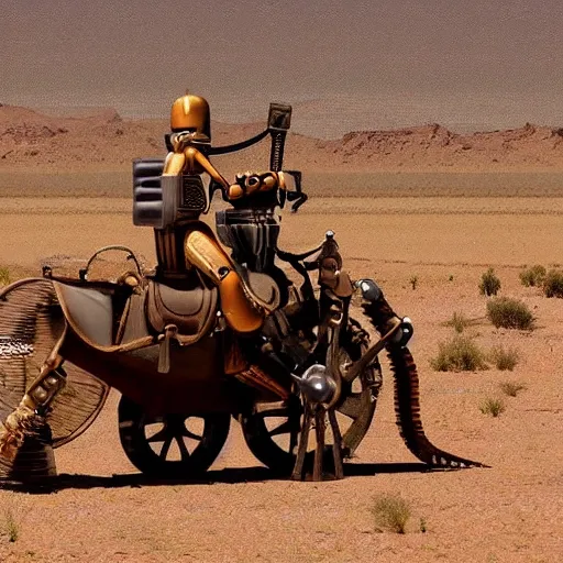 Image similar to A dieselpunk robot riding a mechanical horse through the Arizona desert