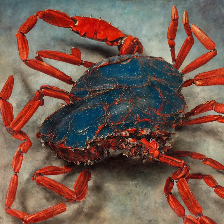 Image similar to Hyperrealistic intensely colored Studio wet collodion Photograph portrait of a deep sea Giant Armored Crab with 10 long spindly legs deep underwater in darkness long exposure, award-winning nature deep sea expressionistic impasto heavy brushstrokes oil painting by Jenny Saville and Norman Rockwell and Audubon vivid colors hyperrealism 8k