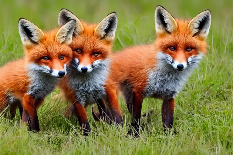 Image similar to Foxes playing in a meadow, fox pups, animal photography, close up shot