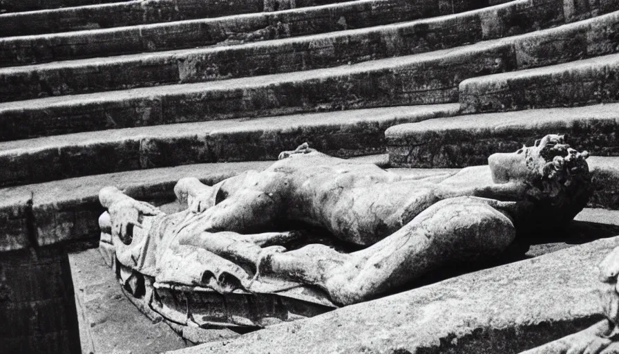 Image similar to 1 9 6 0 s movie still close - up of caligula laying dead on the ancient amphitheater's stairs blood flaque, cinestill 8 0 0 t 3 5 mm, high quality, heavy grain, high detail, dramatic light, anamorphic