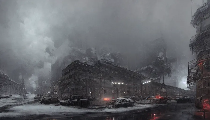Image similar to Dieselpunk Norilsk city, snow, steam, factory plants with dark smoke in the background, epic composition, intricate, elegant, volumetric lighting, digital painting, highly detailed, artstation, sharp focus, illustration, concept art, ruan jia, steve mccurry