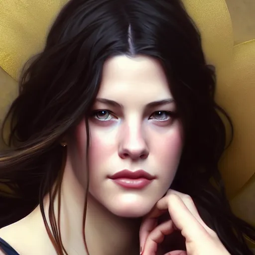 Image similar to beautiful digital painting of young liv tyler background with high detail, 8 k, stunning detail, photo by artgerm, greg rutkowski and alphonse mucha, unreal engine 5, 4 k uhd