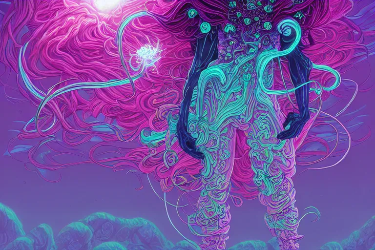 Prompt: cell shaded, a vaporwave ombre biomechanical druid of creativity, flowing hair, beautiful character fashion design, by josan gonzalez, shag, nagel, and paul lehr and david heskin and seb mckinnon and jared s. merantz and alex grey, hi - fructose, 8 k, digital matte painting