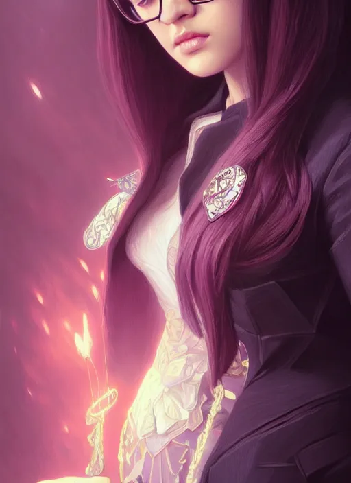 Prompt: jossi of blackpink, wearing glasses, wearing a suit, deep focus, d & d, fantasy, intricate, elegant, highly detailed, digital painting, artstation, concept art, matte, sharp focus, illustration, hearthstone, art by artgerm and greg rutkowski and alphonse mucha