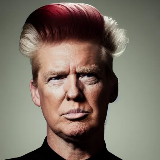 Prompt: press photo of donald trump, with a trendy hip tiktok hairstyle side burns fauxhawk gelled blue, soft studio lighting
