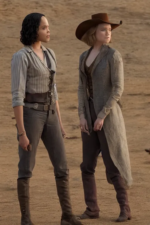 Image similar to Tessa Thompson and Evan Rachel Wood star in Disney's Westworld, Pixar movie screenshot