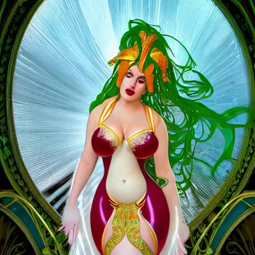 Prompt: a stunning vector portrait of a thicc and voluptuous jessica rabbit dressed as palutena wearing a gossamer scarlet dress walking through a garden in the rain, intricate, elegant, highly detailed, artstation, concept art, ultra sharp focus, octane render, volumetric lighting, god rays, art by jugendstil and greg rutkowski and alphonse mucha