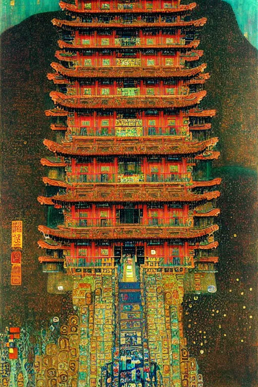 Image similar to cyberpunk chinese ancient castle, fantasy, painting by Gustav Klimt