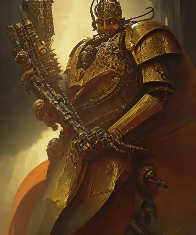 Image similar to Rishi Sunak as Warhammer 40k Emperor, portrait, fantasy, intricate, elegant, highly detailed, digital painting, artstation, concept art, smooth, sharp focus, illustration, art by artgerm and greg rutkowski and alphonse mucha